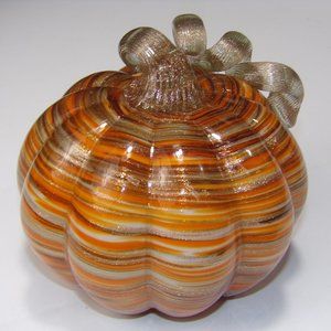 2017 Global Village Glass Studios Art Glass Pumpkin Orange Carmel Strippes